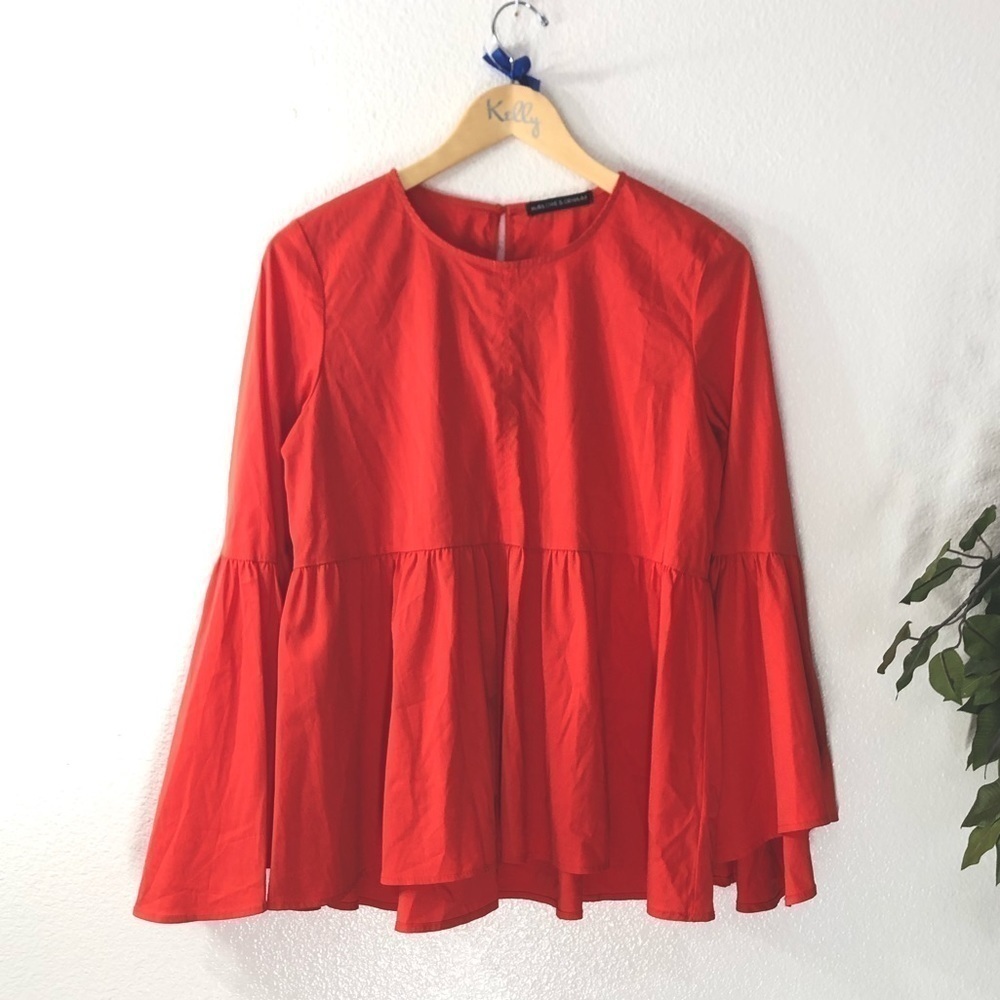 Harlowe & Graham Red Peplum Bell Sleeve Top